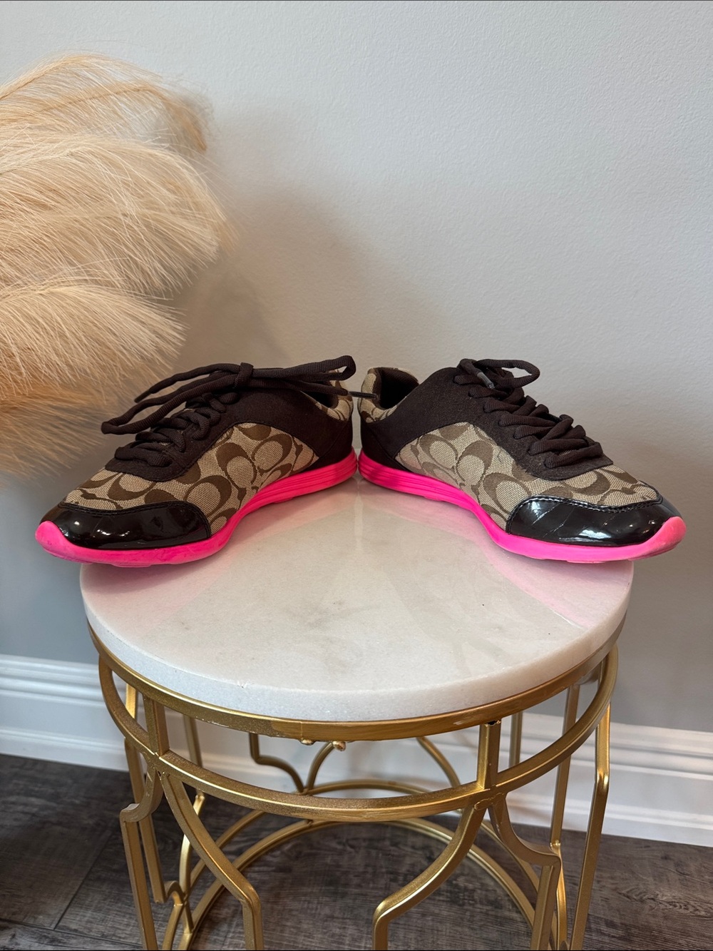 Coach Brown Signature Canvas Sneakers with Hot Pink Sole - Picture 6 of 10